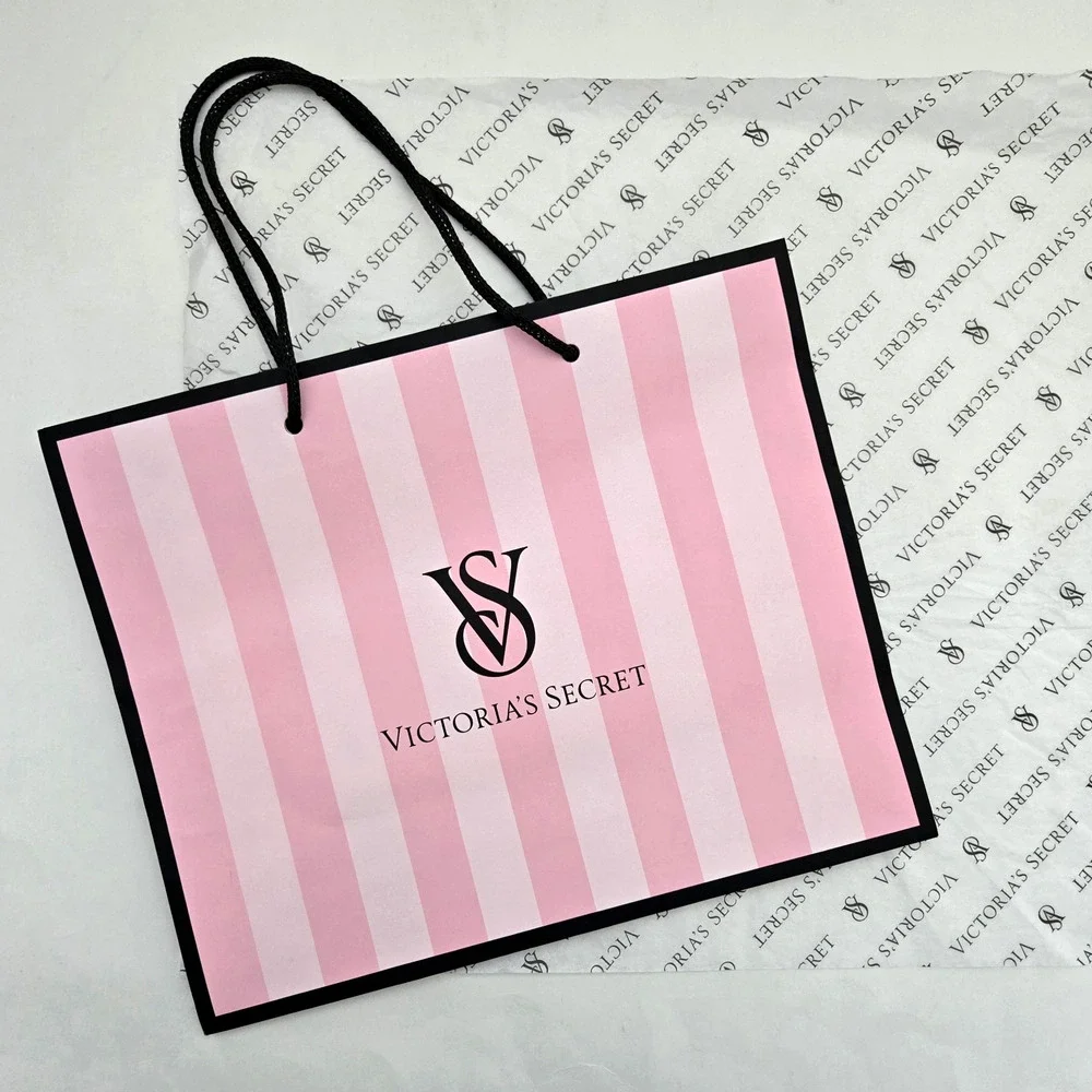 Victorias Secret Paper Shopping Gift Bag With Tissue Pink Black Glossy 11